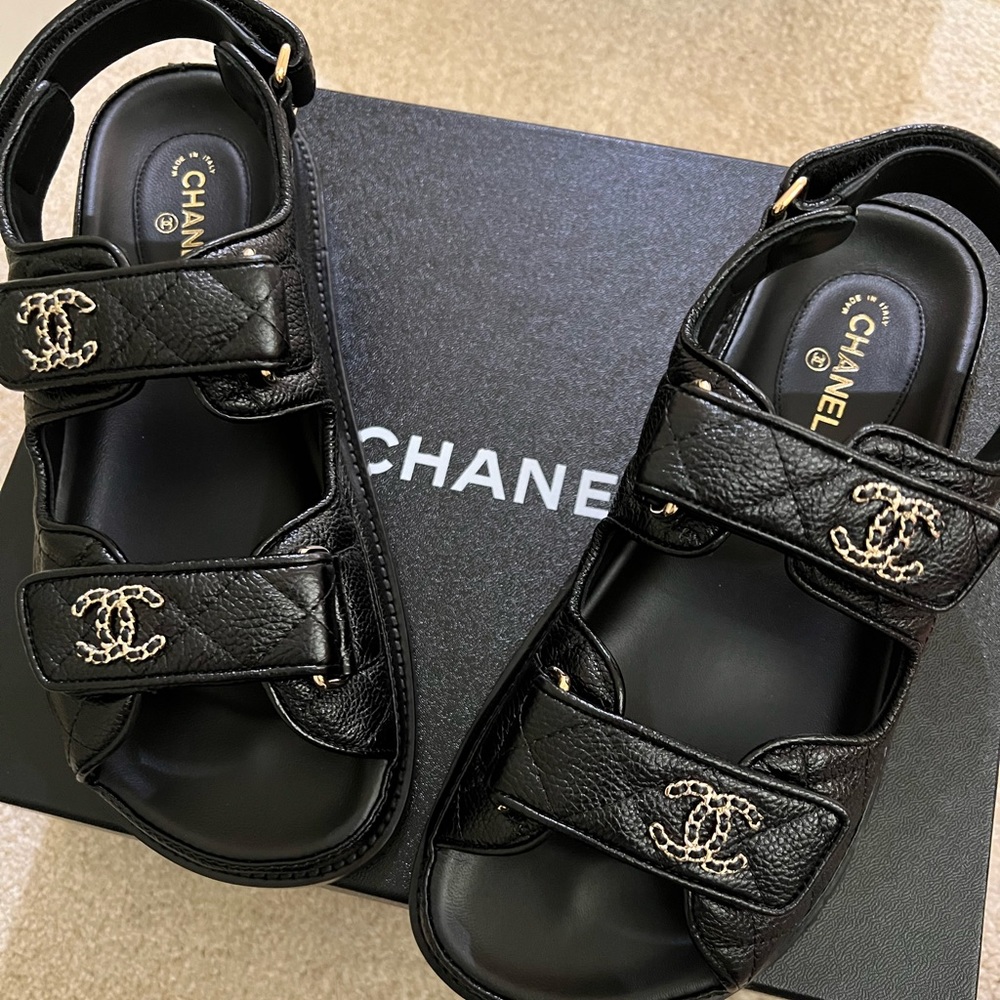 CHANEL Grained Calfskin Velcro Dad Sandals